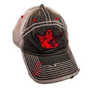 True Religion Distressed Hat Red Tibetan Buddha Guitar Embroidery Cap Strapback